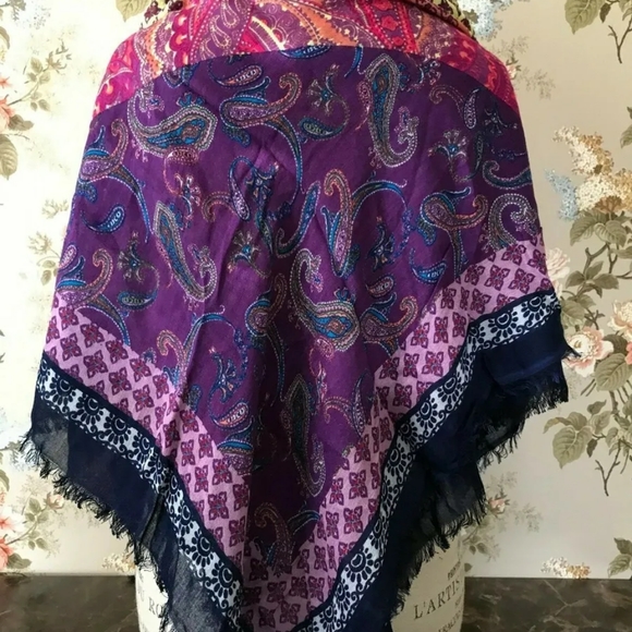 Tarnish - Large Square Paisley Patchwork Scarf - Coral, Navy, Purple, Yellow - Picture 5 of 14